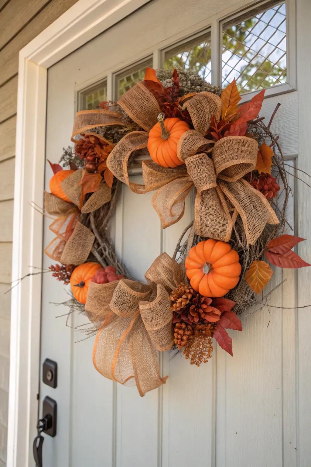 A rustic harvest deco mesh wreath perfect for fall.