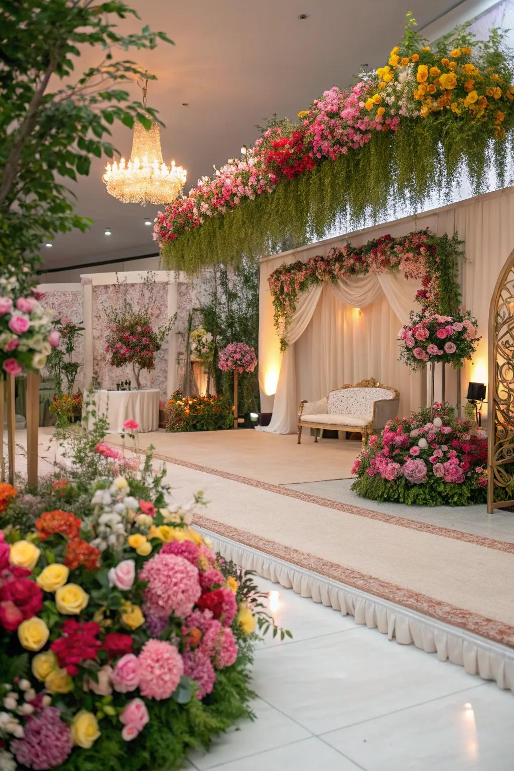 Vibrant floral arrangements adding elegance to a wedding venue.