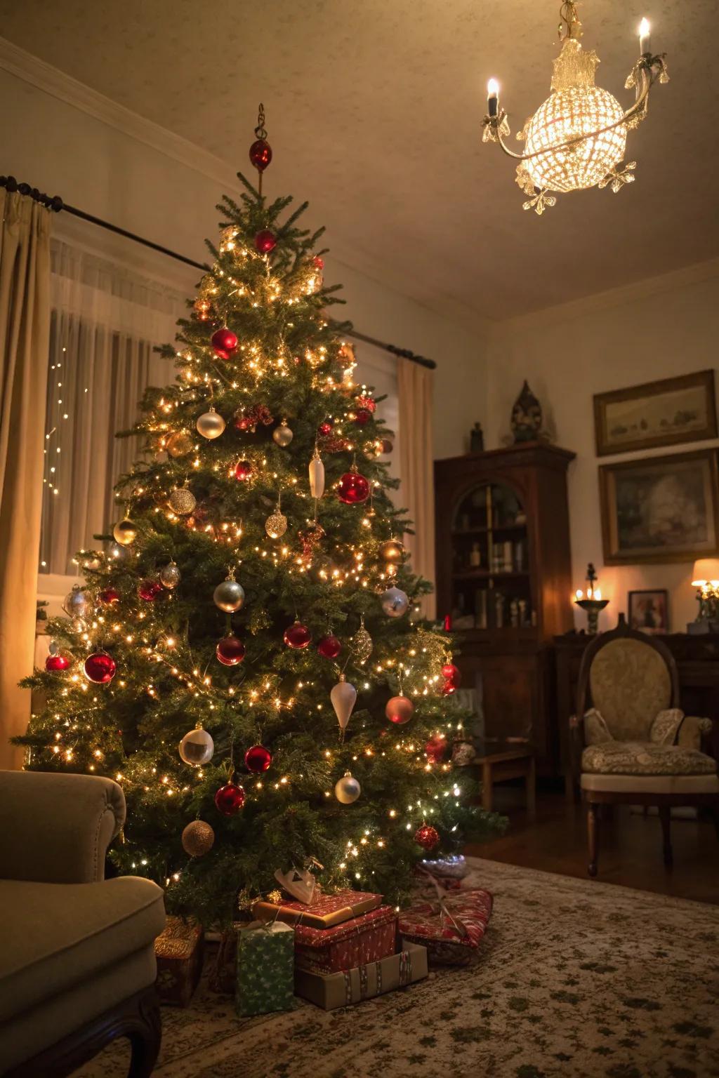 A nostalgic Christmas tree featuring vintage lights and retro ornaments.