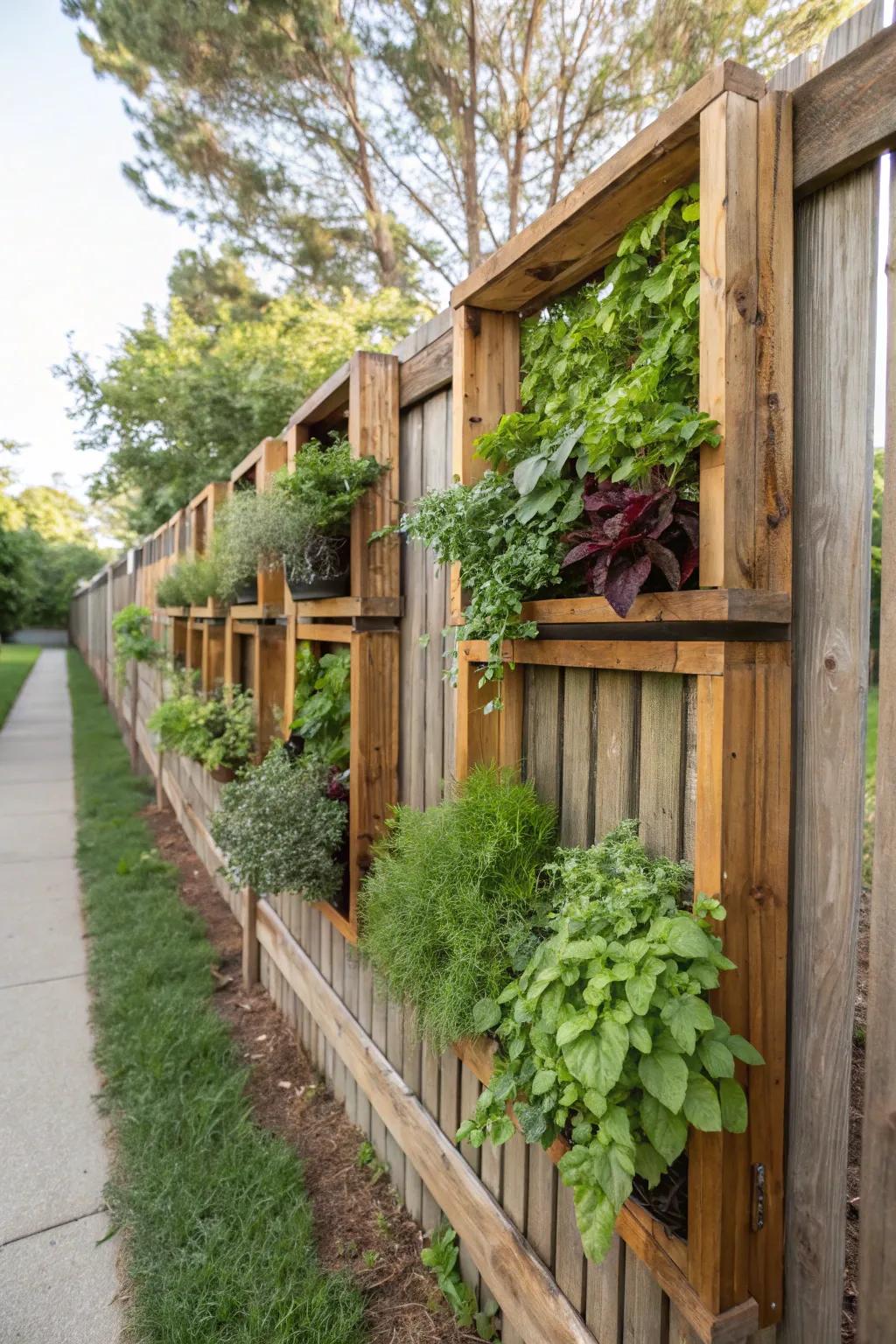 Vertical gardens provide a functional and visually pleasing utilization of fence space.