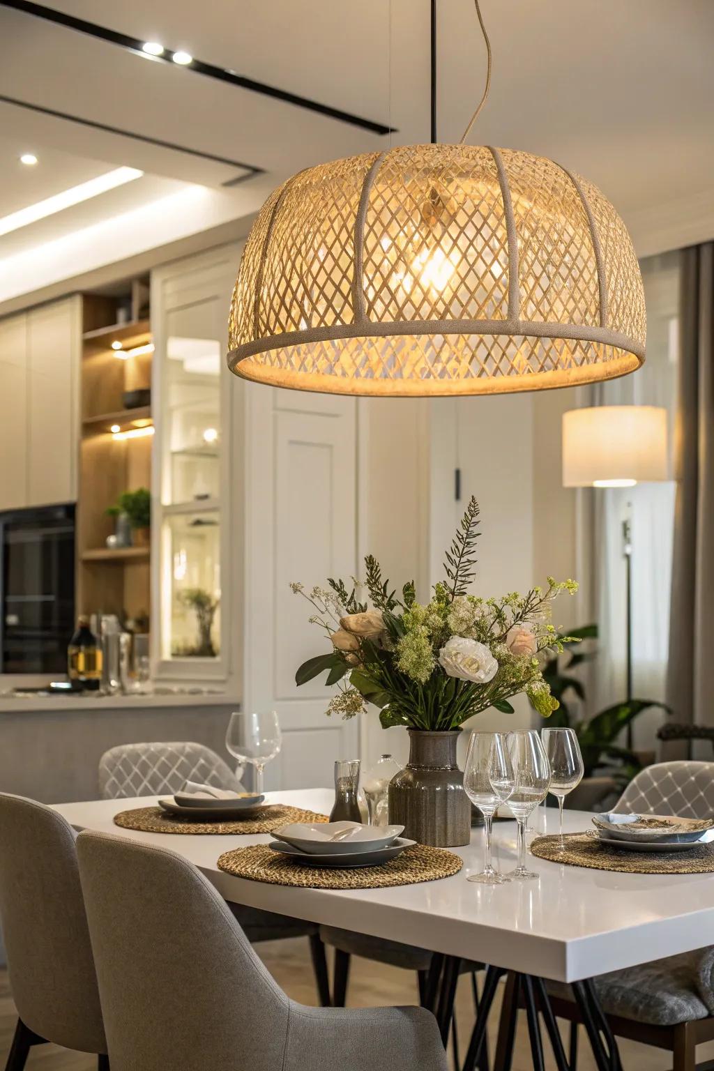 A bold pendant lamp bringing an elegant touch to the dining space.