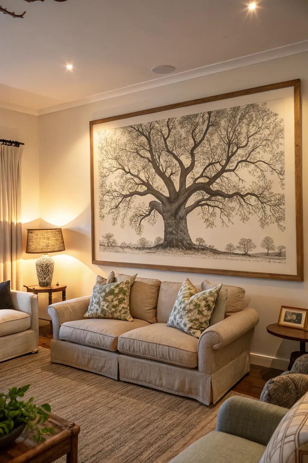 A living room featuring a grand tree sketch as the focal point.