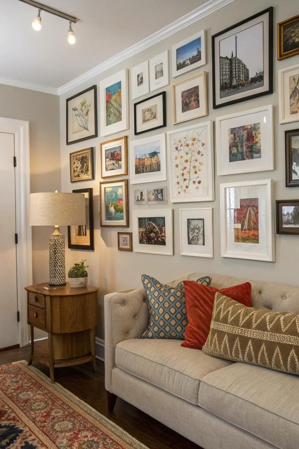 An artistic gallery wall enriches the room with character.