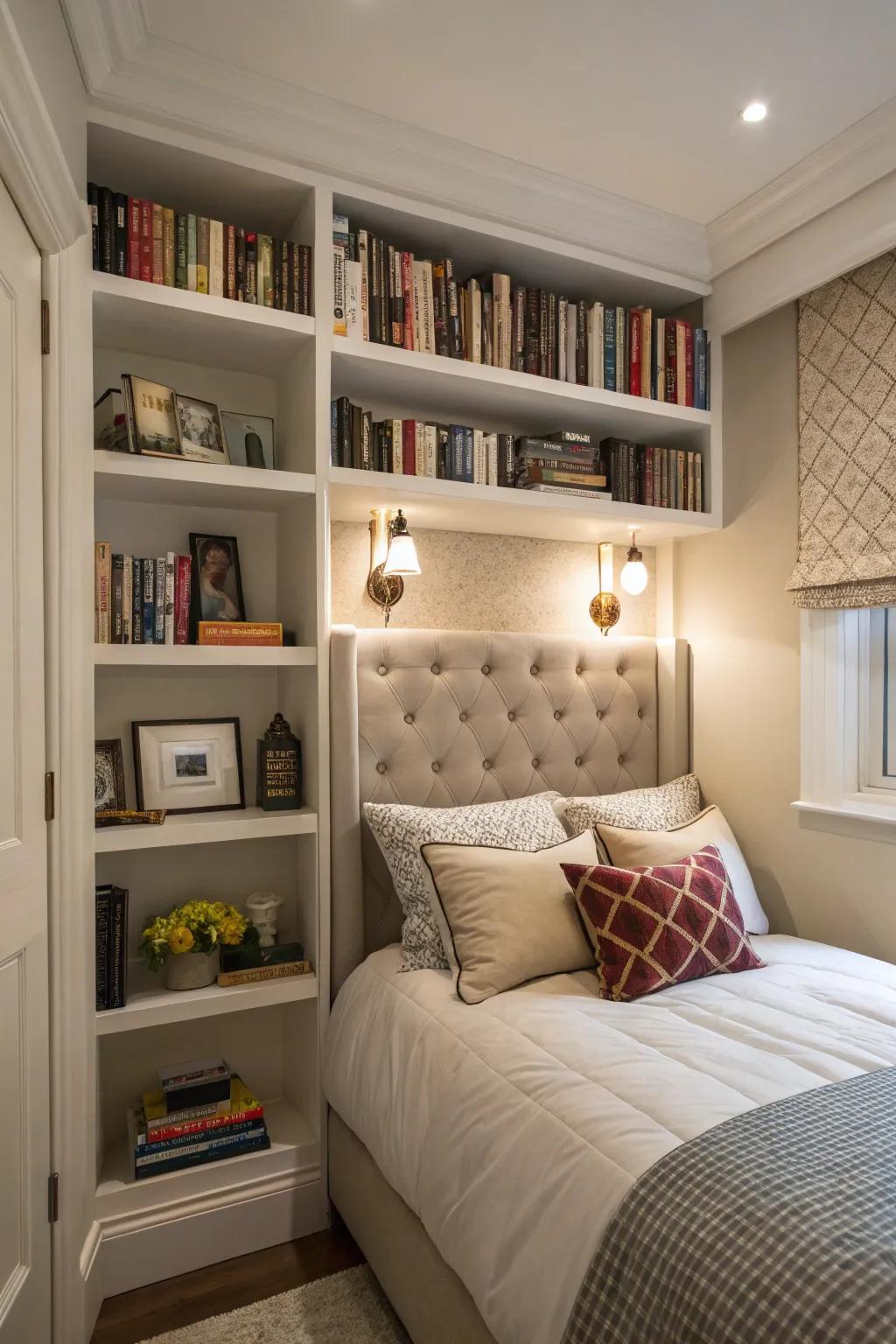 Extended shelves and a tall headboard maximize vertical space utilization in a compact bedroom.