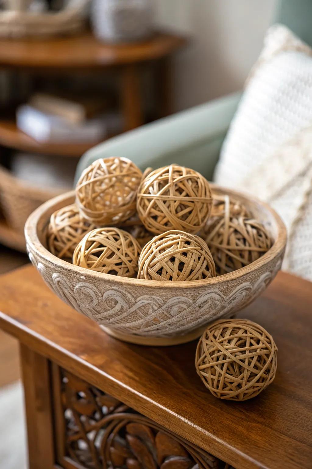 Natural fiber spheres providing a natural touch to home style