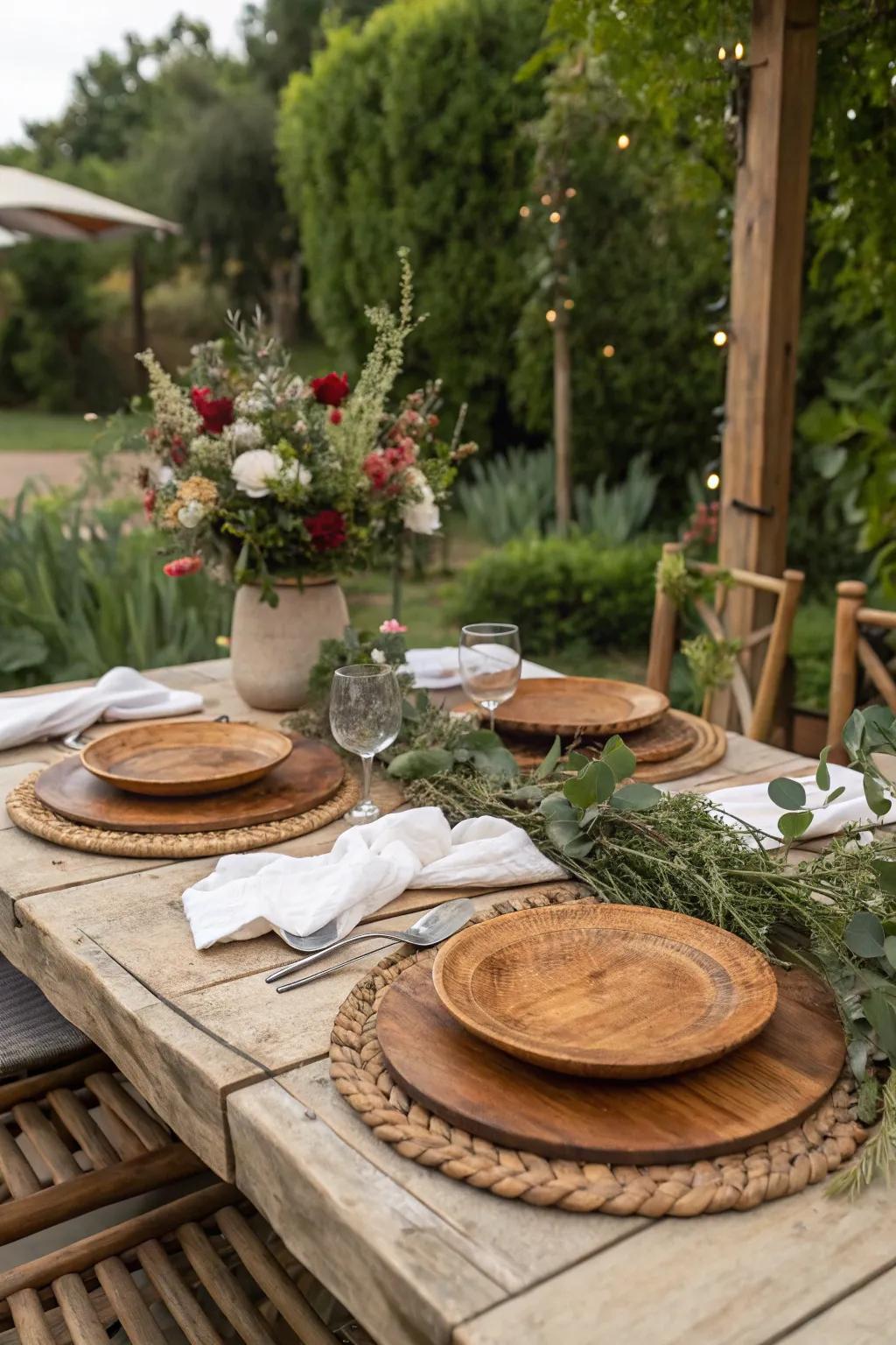 Rustic wooden presentation plates perfect for a cozy outdoor meal.