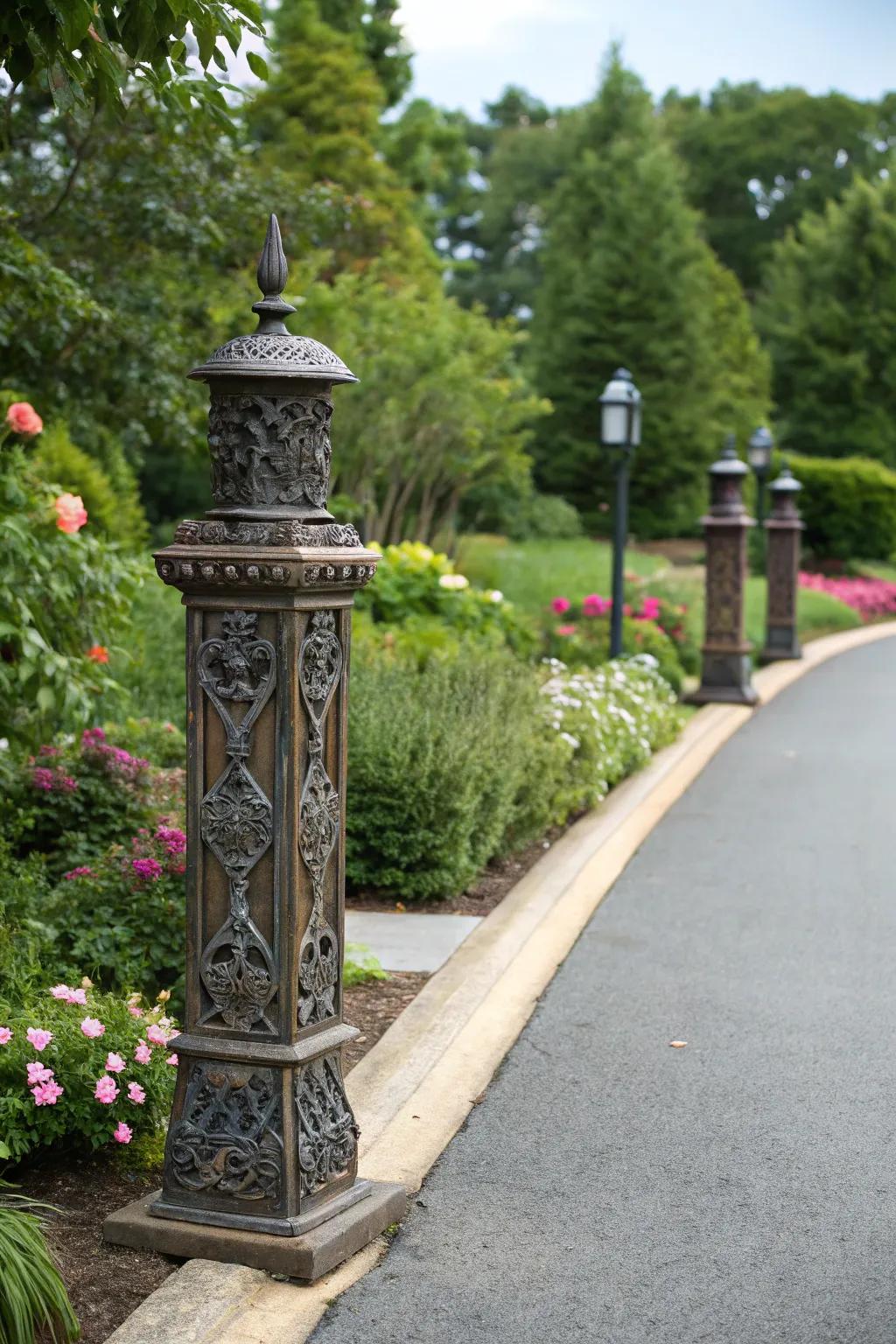 Elaborate metallic poles contribute refinement to any driveway.