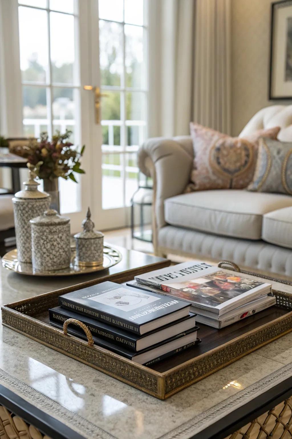 Reading materials elegantly arranged on an attractive display piece.
