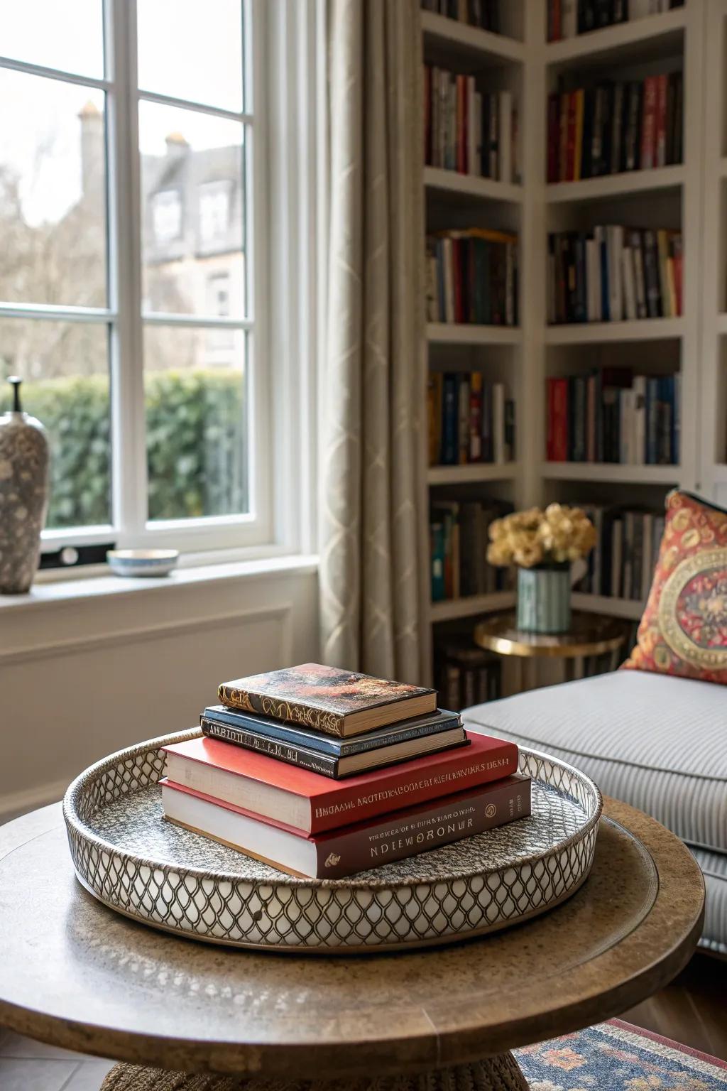 Stacked books add a personal touch.