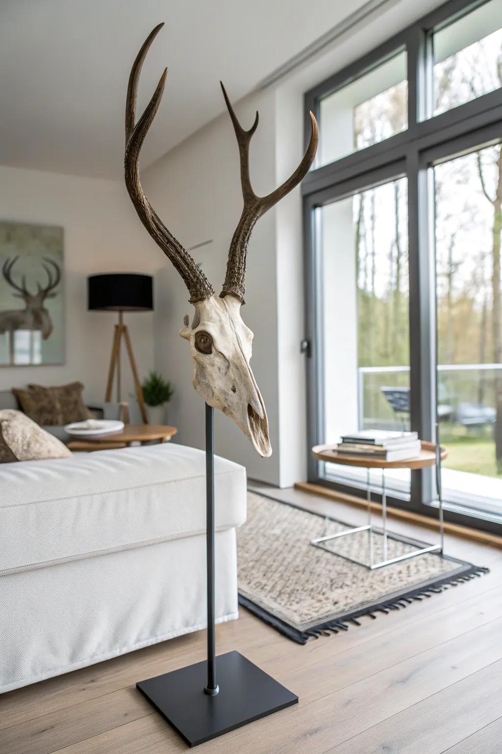 A simple metal fixture offers a sleek showcase for your deer skull.