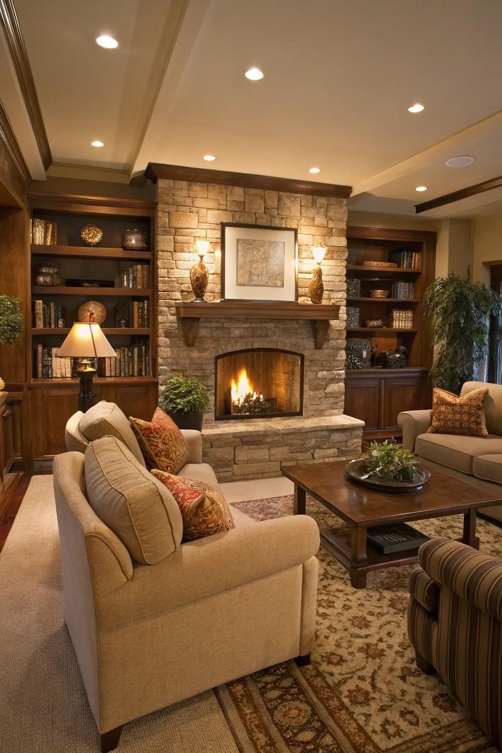 A welcoming and snug den focused around an open fire.