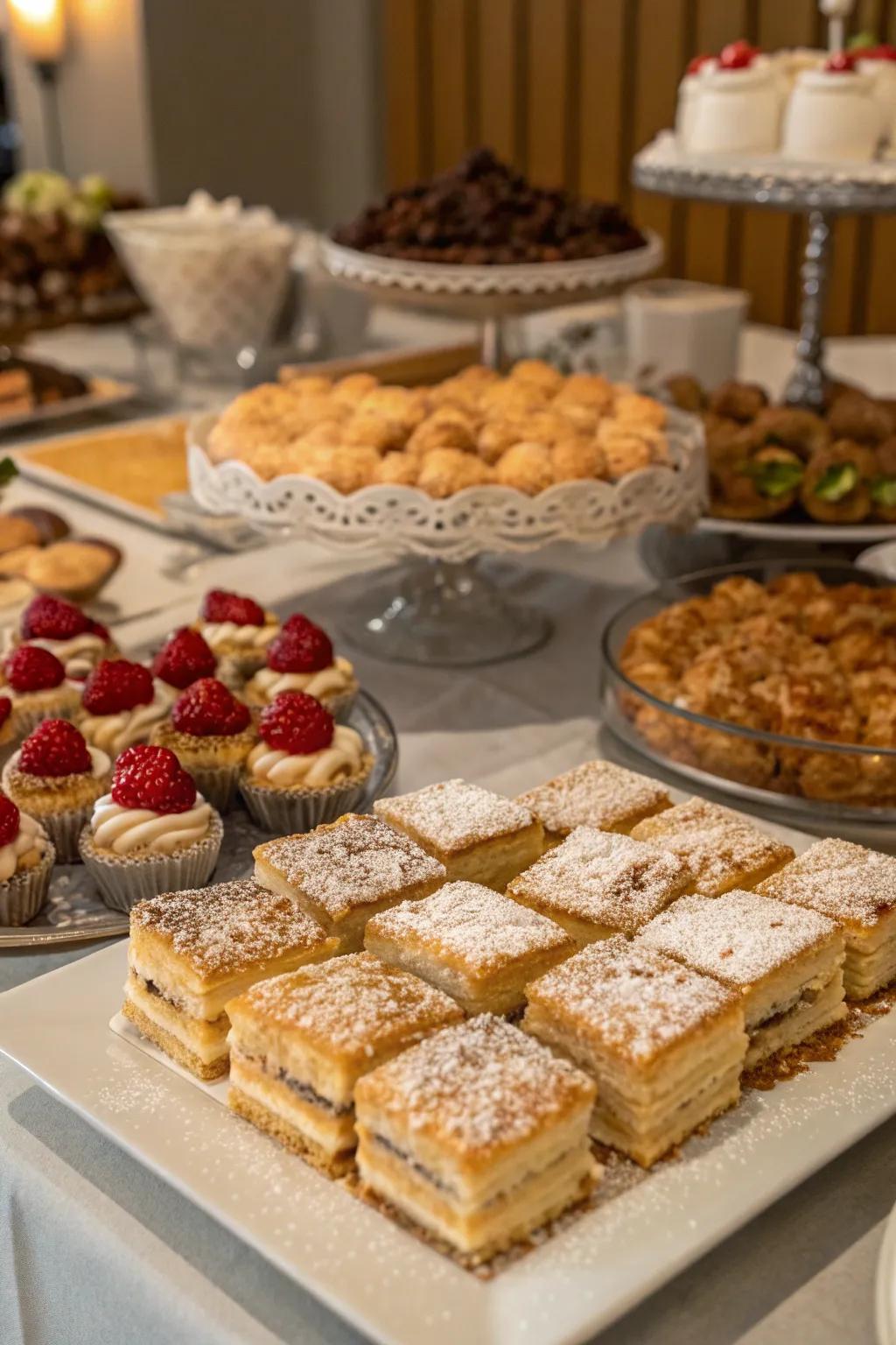 A sweets display featuring baked goods and confectioneries sprinkled with pulverized crispbread.