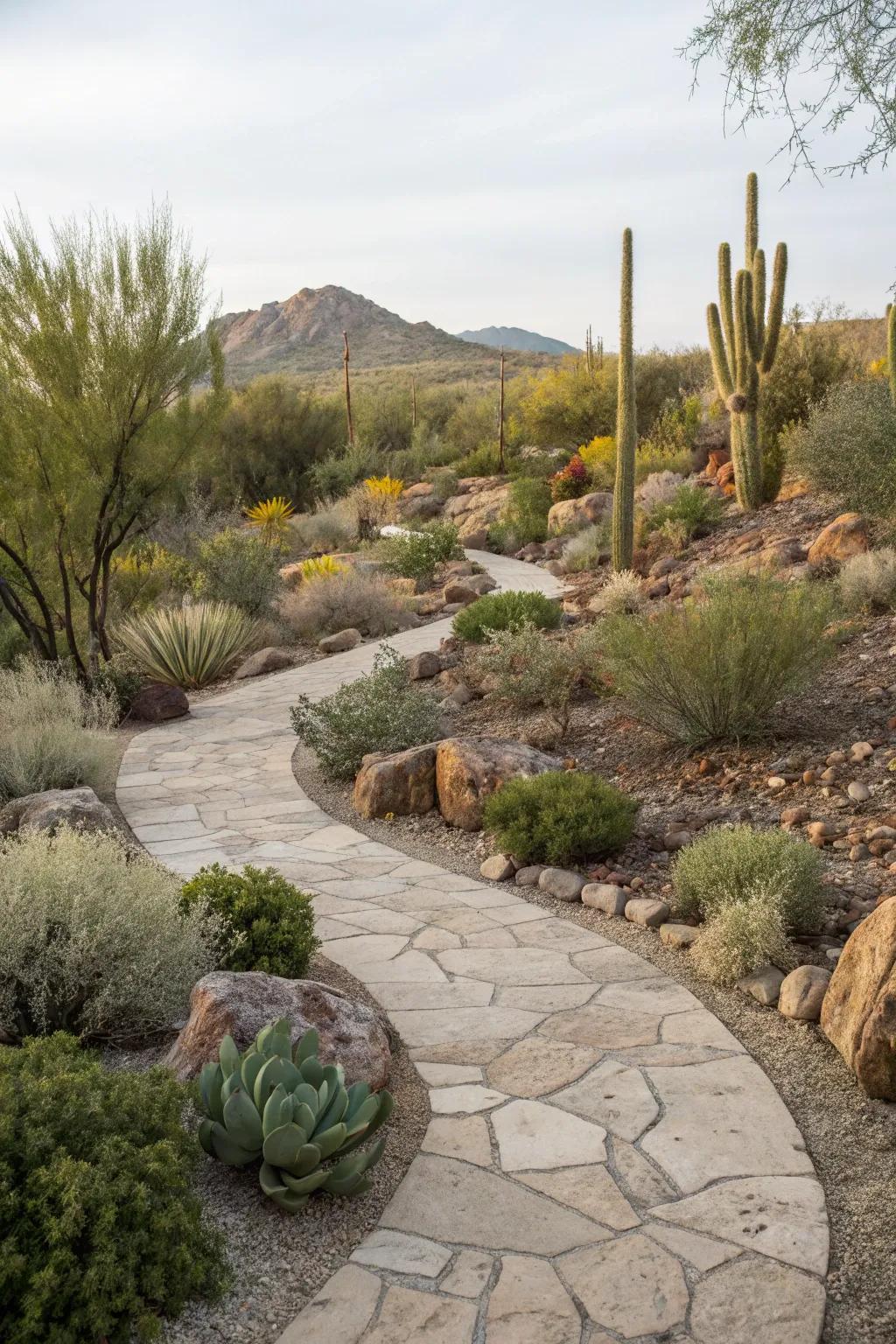 A natural stone walkway winding through a lush desert landscape.