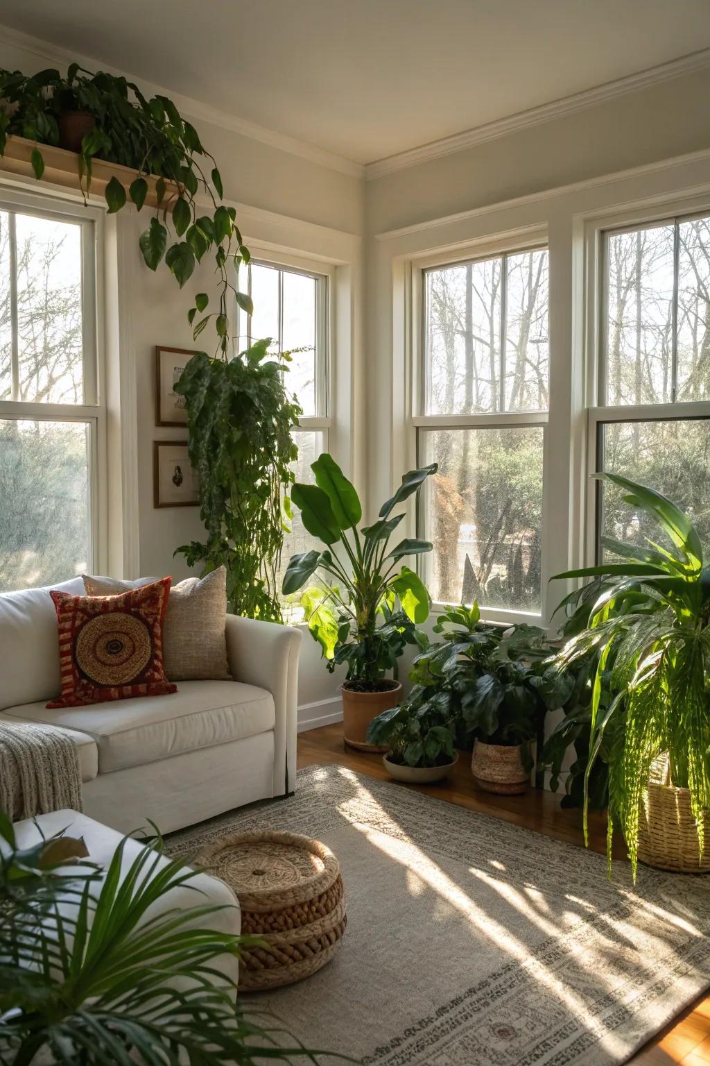 A radiant and airy room elevated by nature-inspired touches and lush greenery.