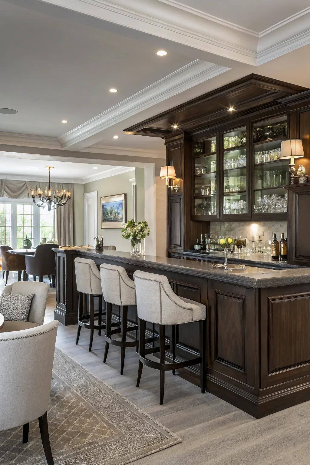 Deep and subtle tones create a chic and modern bar area.