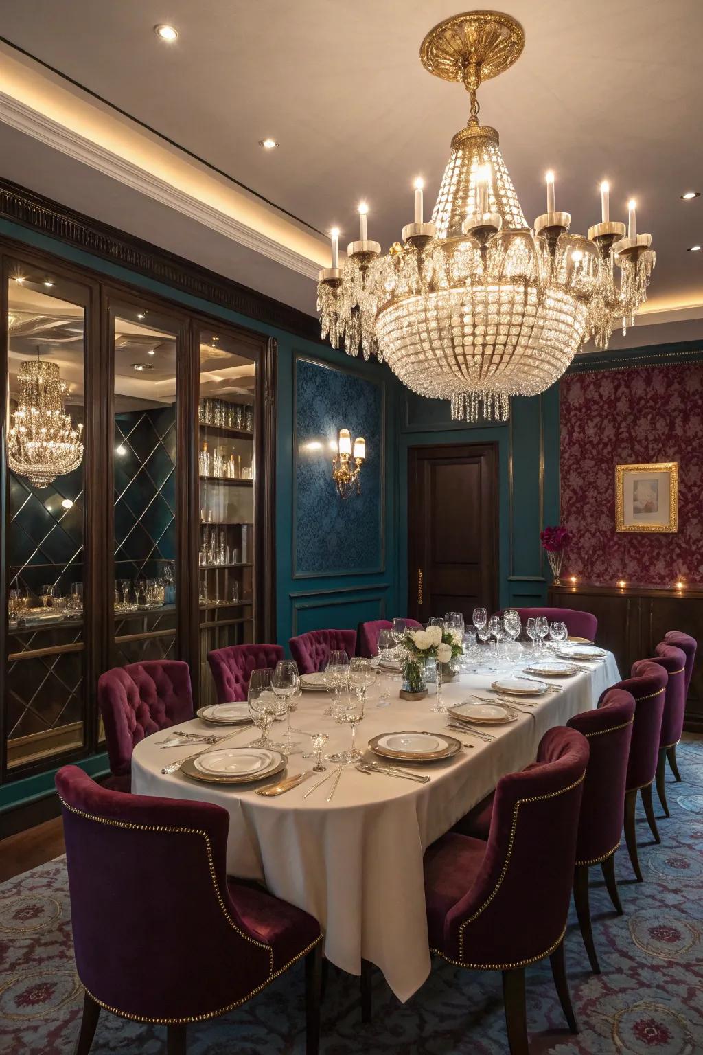 A lavish dining space enhanced with lustrous gem hues.