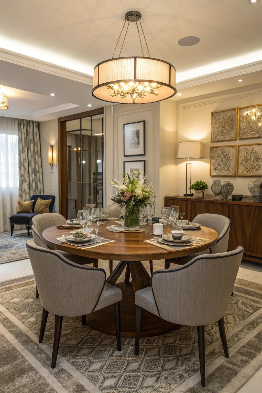 A circular table provides a warm and personal dining setting.