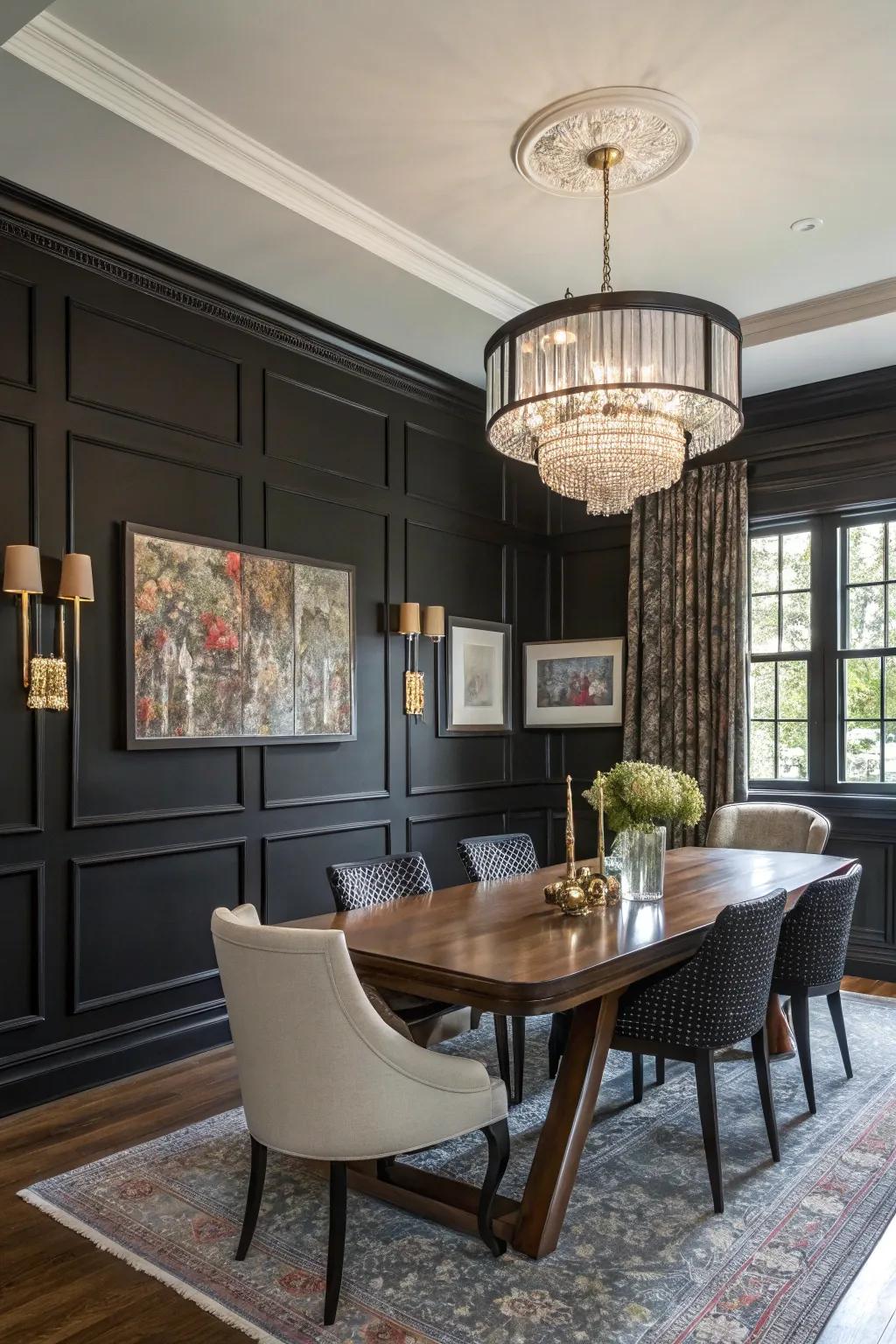 Black wainscoting makes a bold, stylish statement in this dining room.