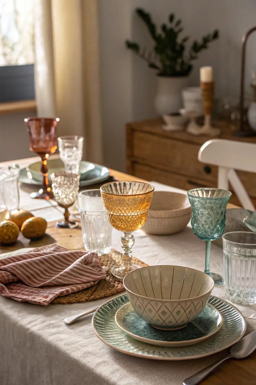 A dining table showcases vintage drinkware alongside contemporary dinnerware.