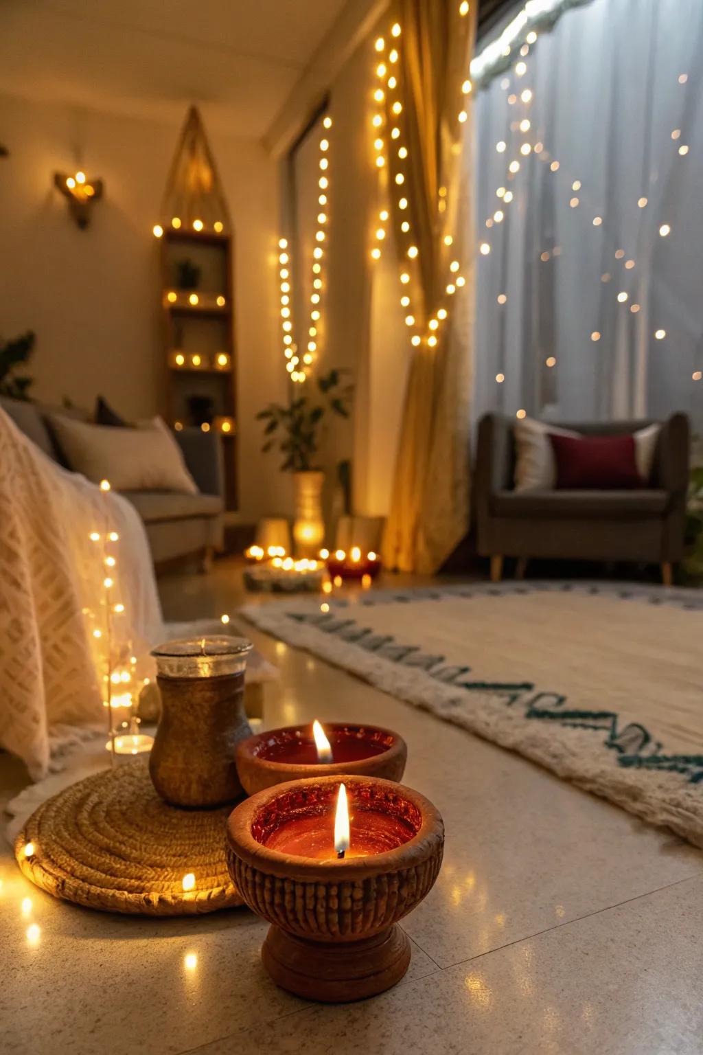 The blend of diyas and fairy lights creates an enchanting radiance.