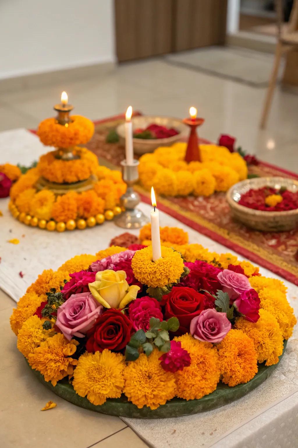 Floral decorations of marigolds and roses enrich the Diwali surface.