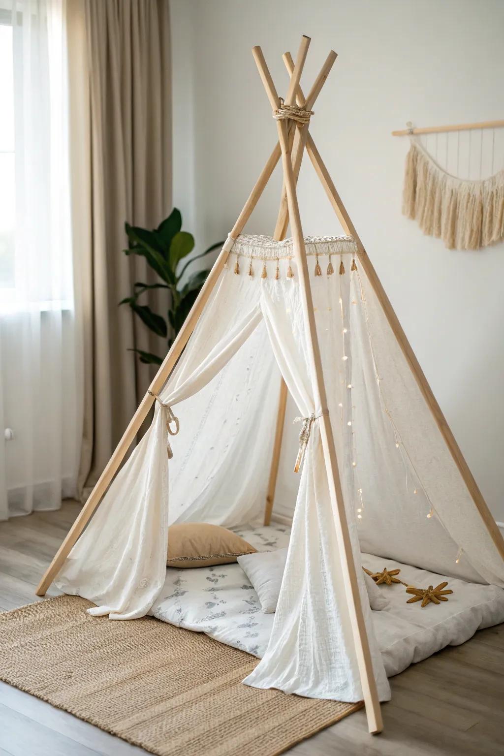 Forge your own serene retreat with a straightforward wood post conical tent, where spare design encounters bohemian allure.