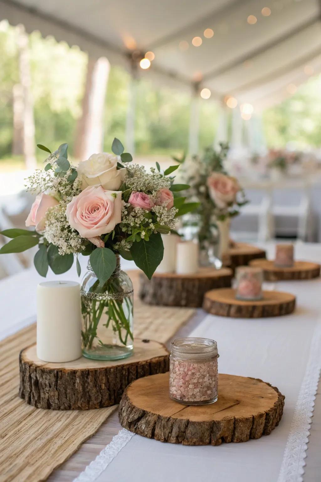 Enhance your table's aesthetic appeal through the incorporation of natural wood centerpieces.