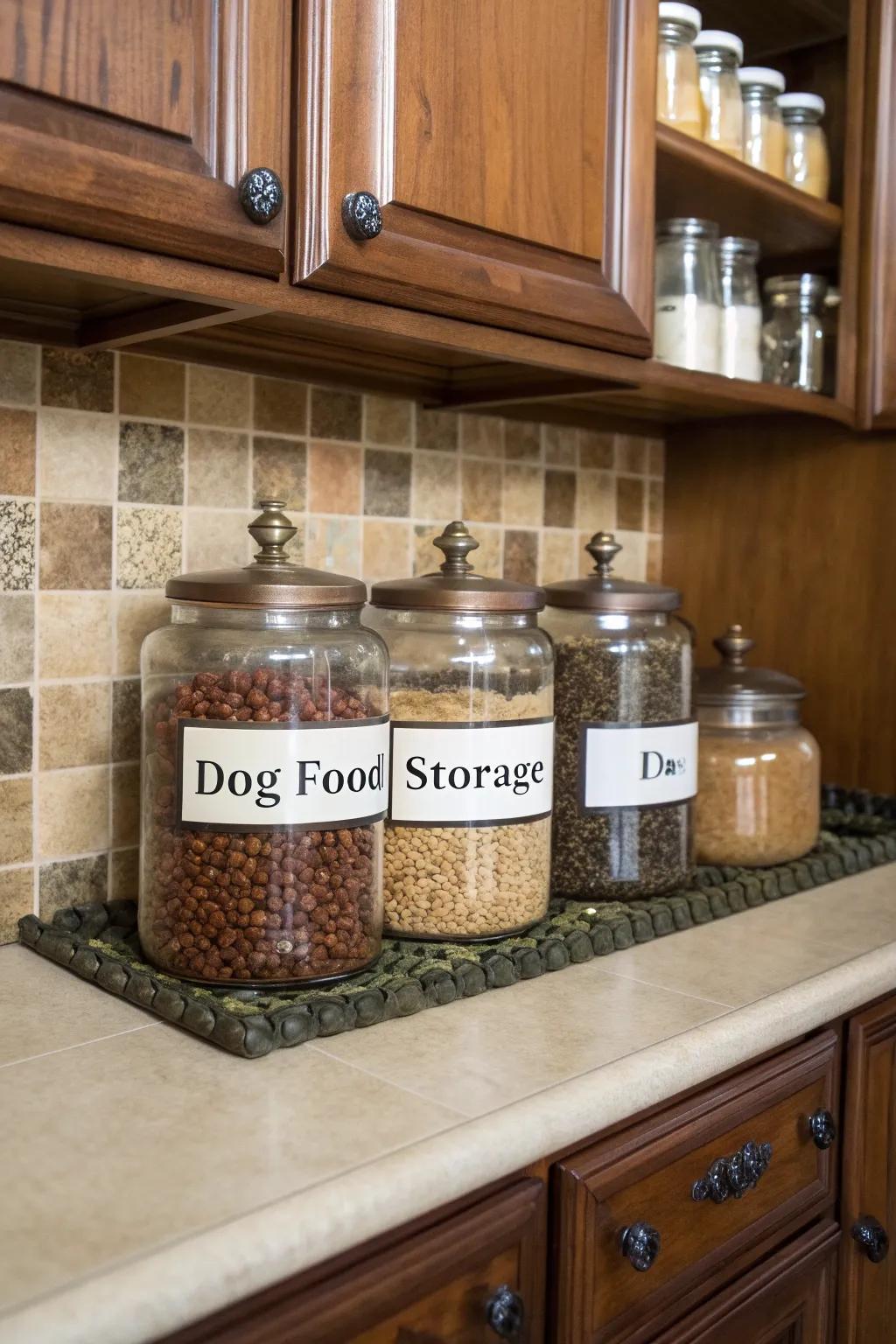 Chic ornamental jars transform dog food storage into a component of your home's style.