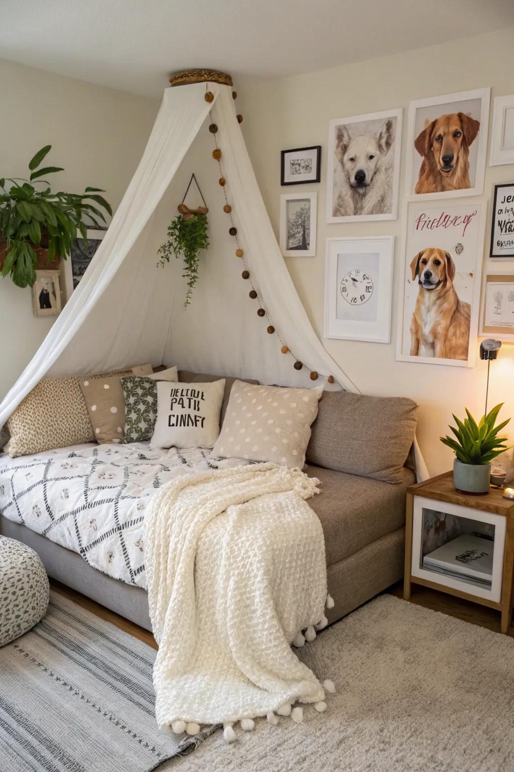 A decorative dog corner showcasing themed art and a plush bed, fostering a comfortable ambiance.