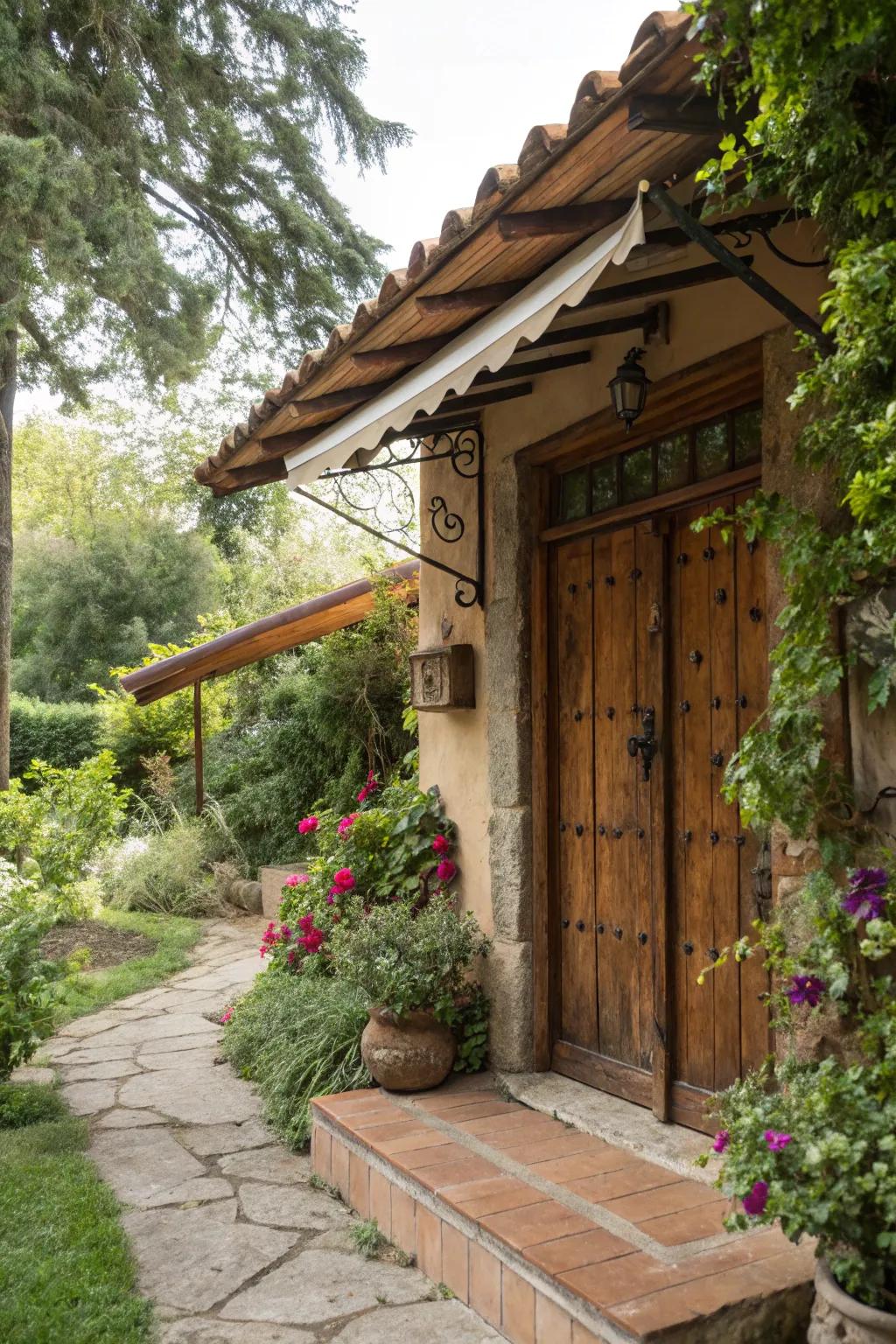 A rustic lumber shelter that enhances the charm and warmth of any entryway.