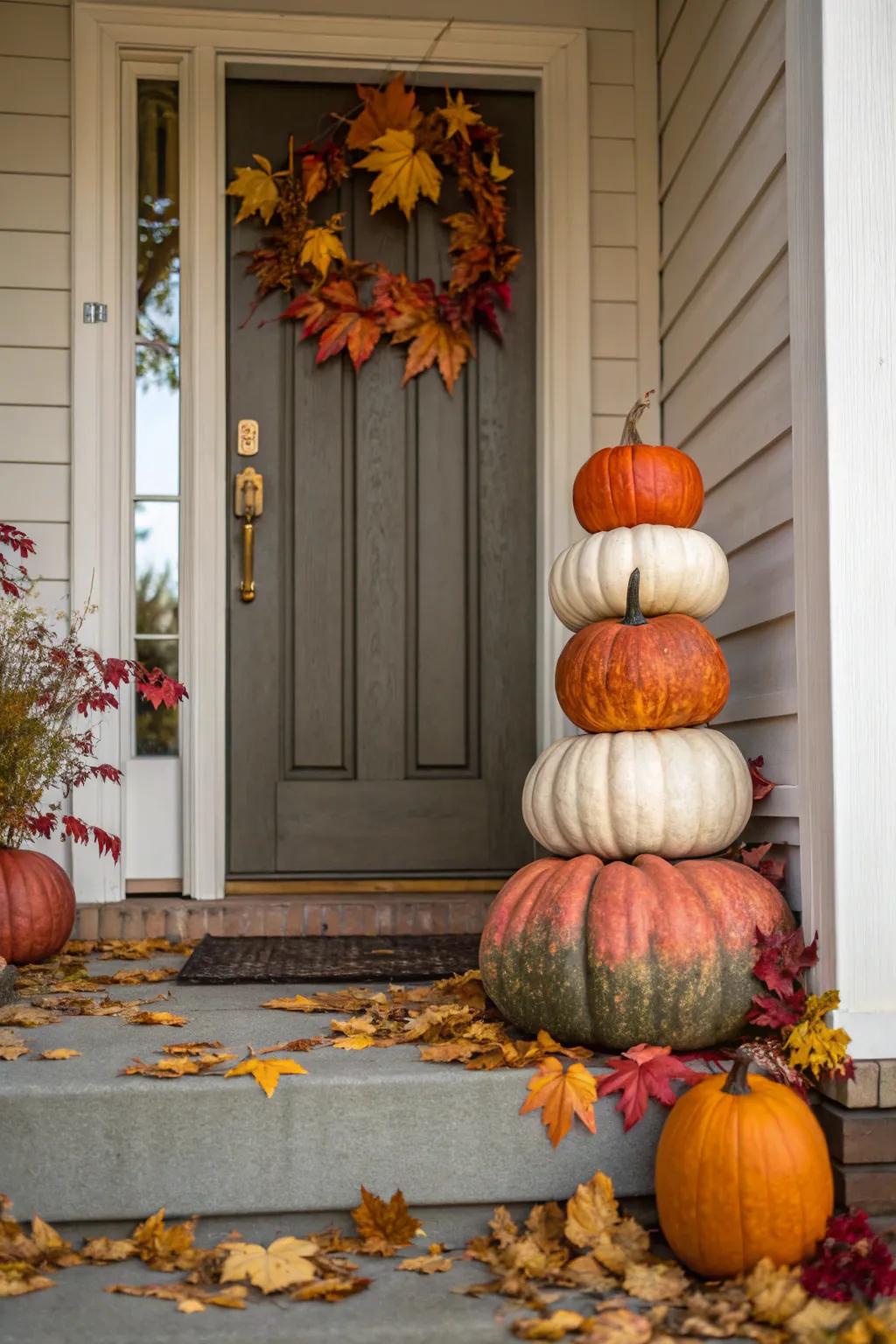 Gourd topiaries enhance festive allure to the front entrance.