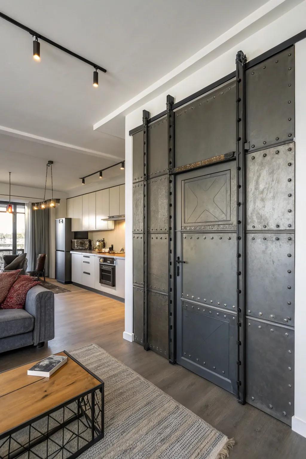Industrial metal doors incorporate character and definition to this stylish studio apartment.