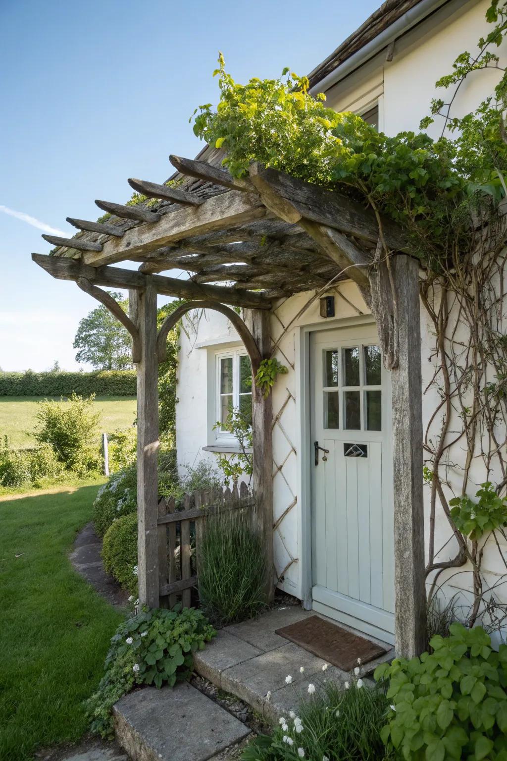 A country-style wood roof over a charming cottage door.