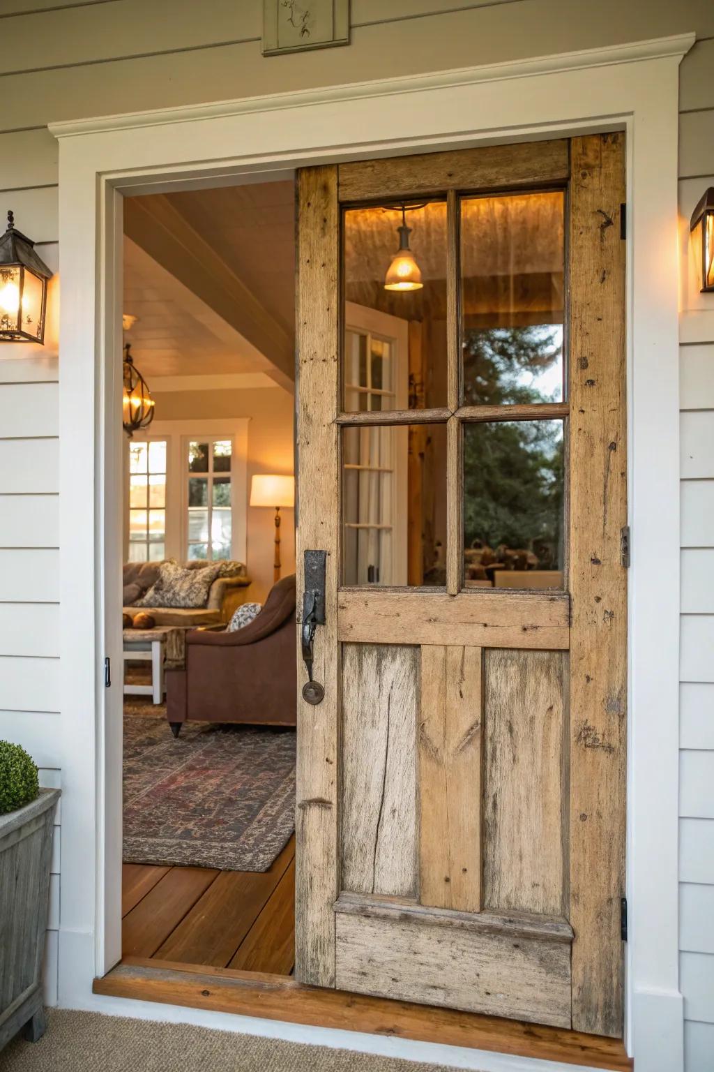 Rustic charm with salvaged wood panels.