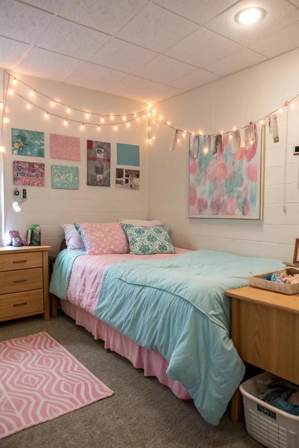 Pastels craft a dreamy and tranquil dorm room atmosphere.