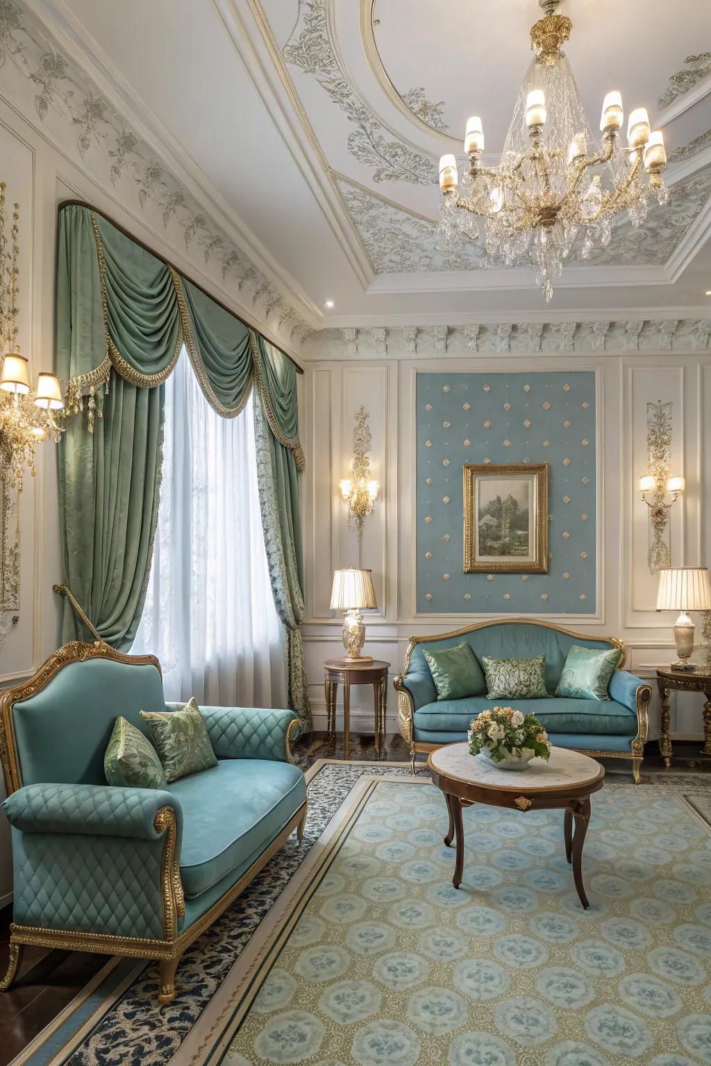 Deep blues and greens produce a sophisticated and peaceful atmosphere.