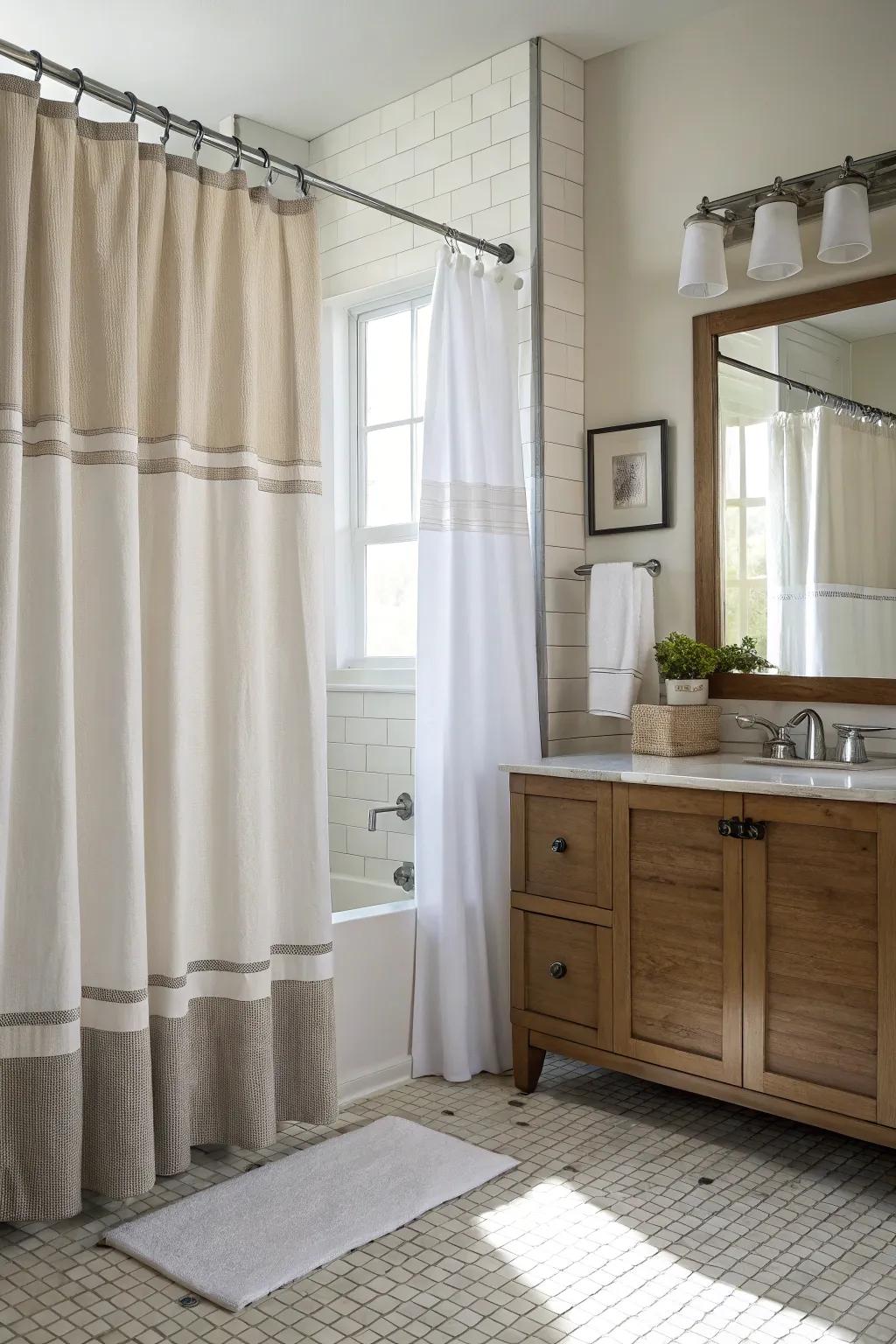 Layered drapes introduce seclusion and theatrical appeal to your bathroom.
