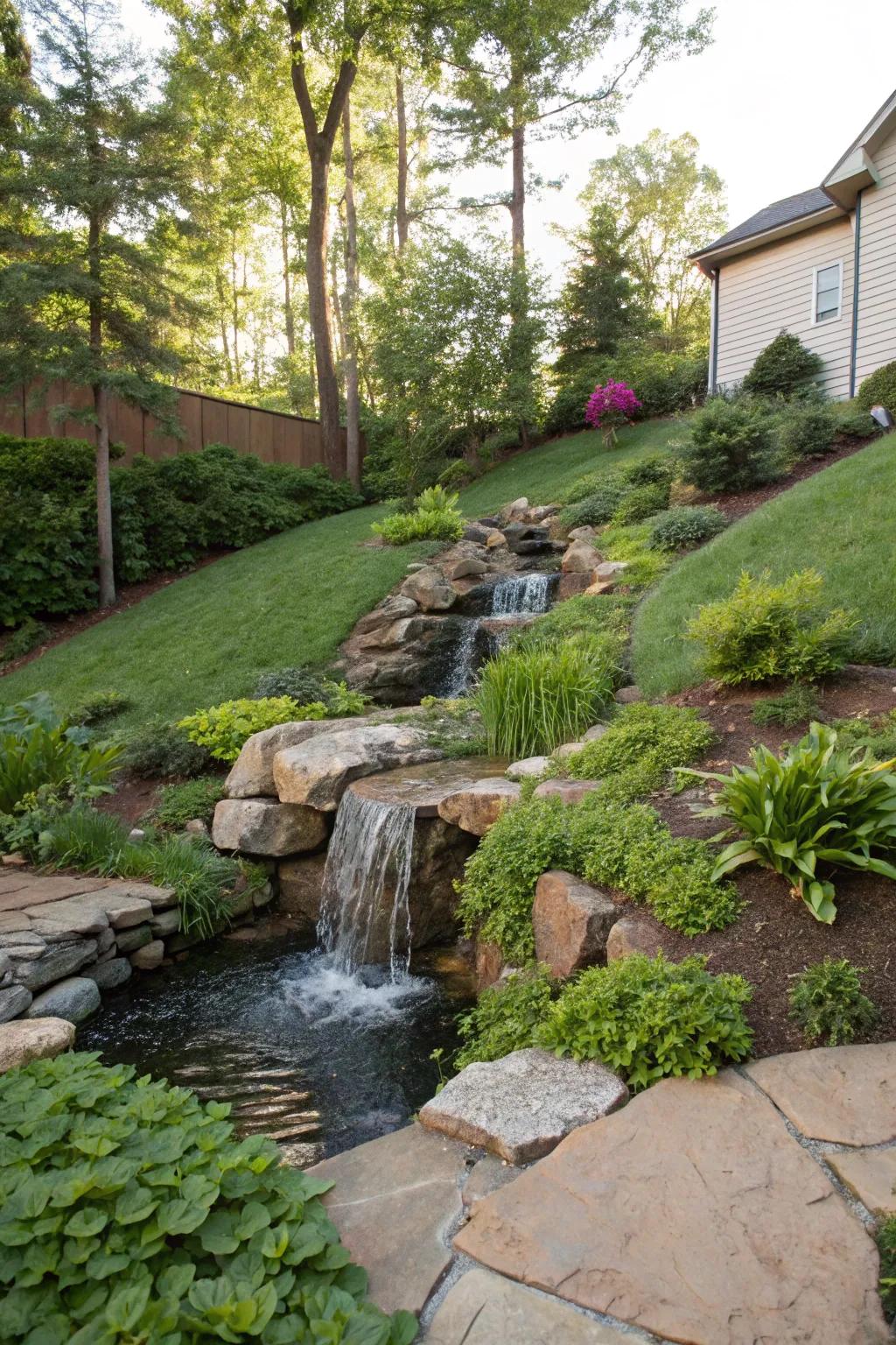A flowing waterfall introduces peace and elegance to any sloping backyard.