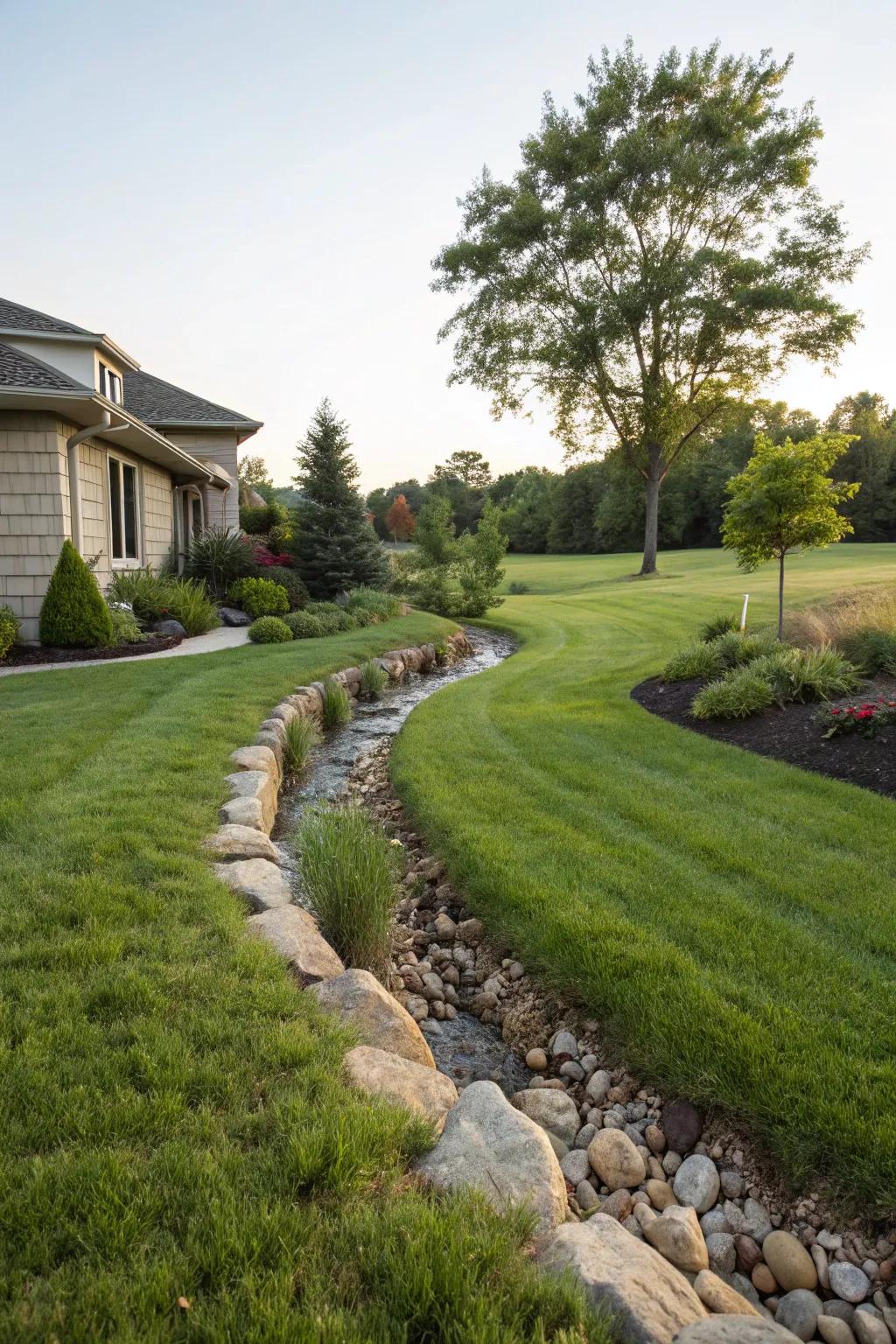 A smoothly integrated drainage swale enriching the lawn&rsquo;s visual harmony.