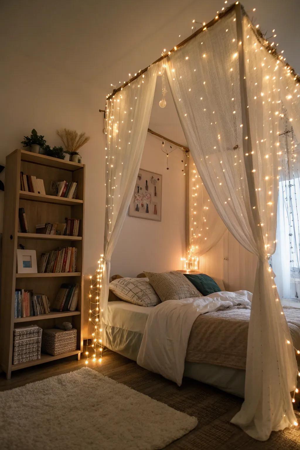 A magical bedroom corner featuring sparkle lights creating a warm glow.