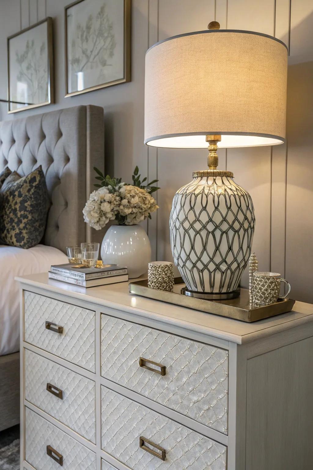 A ceramic lamp introduces an artistic touch to this dresser.