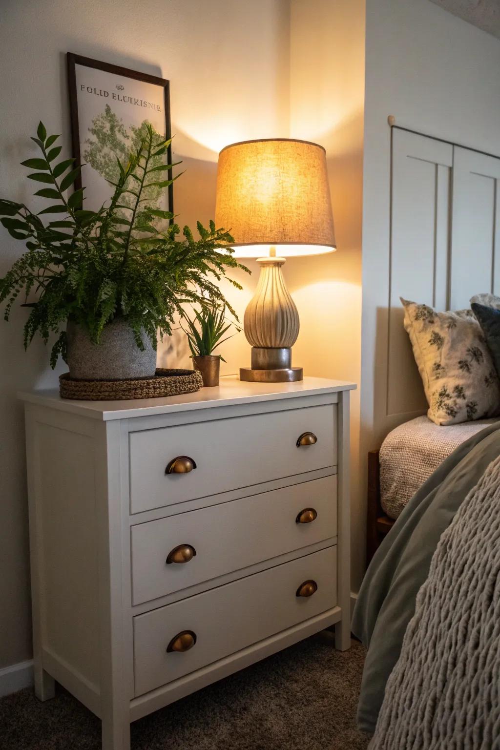 A small dresser decorated with a lamp and plant, enhancing both functionality and aesthetics.