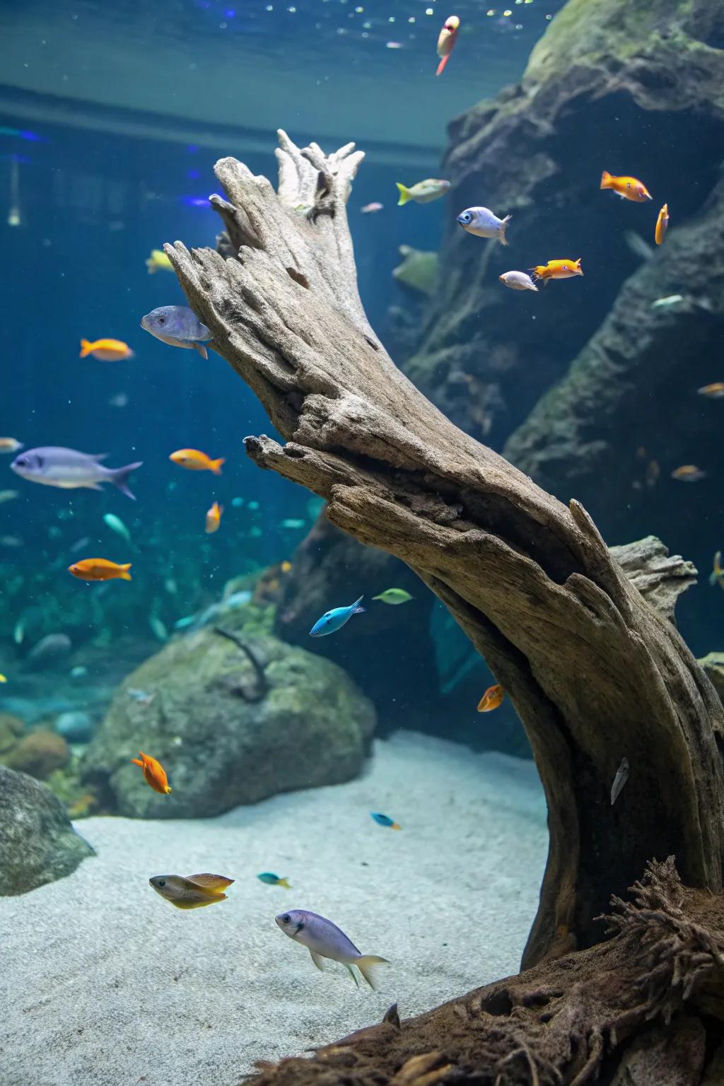 A magical illusion of weightless timber in a peaceful aquarium setting.