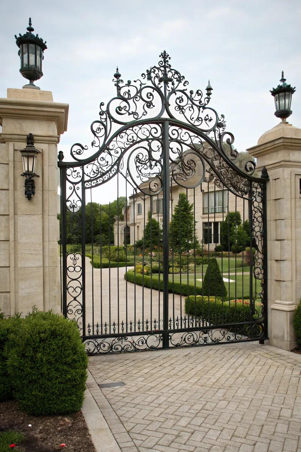 A classic forged ironwork gate that radiates refinement and strength.