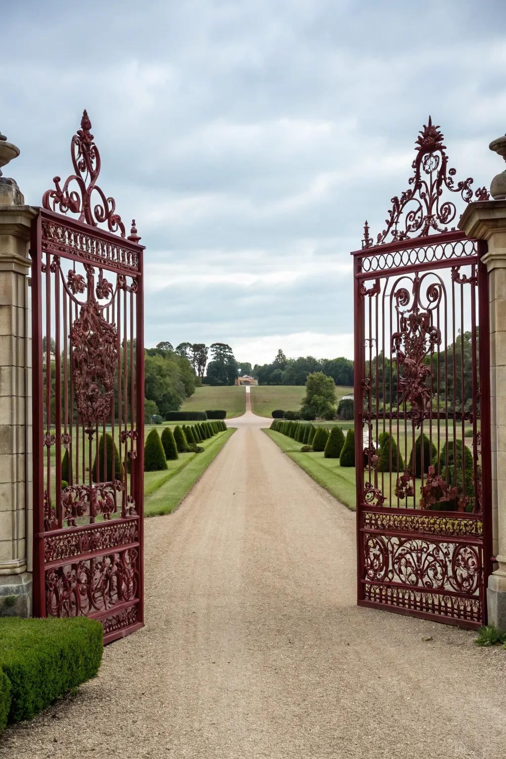 Elaborate doors providing a striking entrance to the driveway.