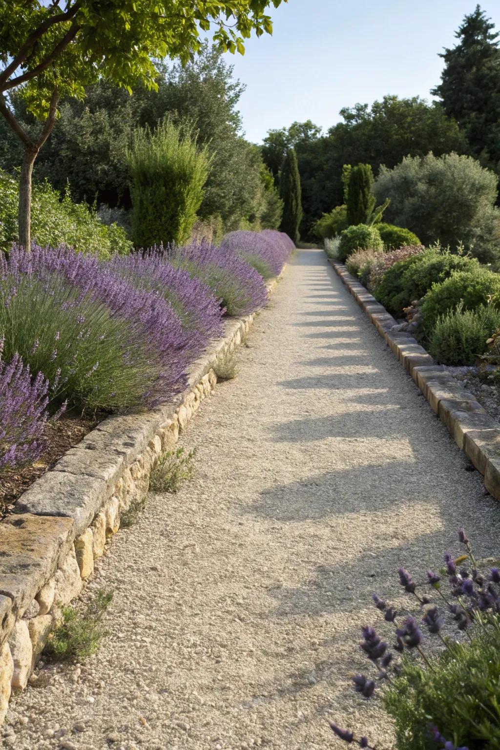 A straightforward gravel path enhanced with elegance and vibrant color.