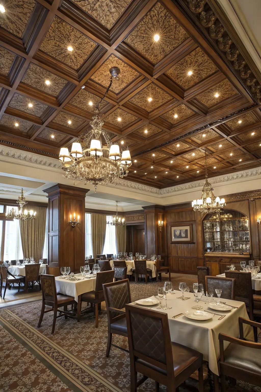 Sophisticated design with coffered ceiling panels.