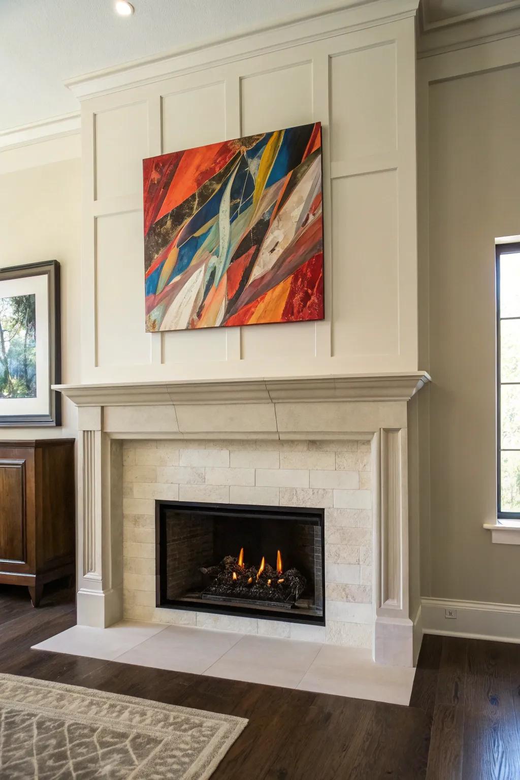 Artwork over a drywall fireplace creates a focal point.