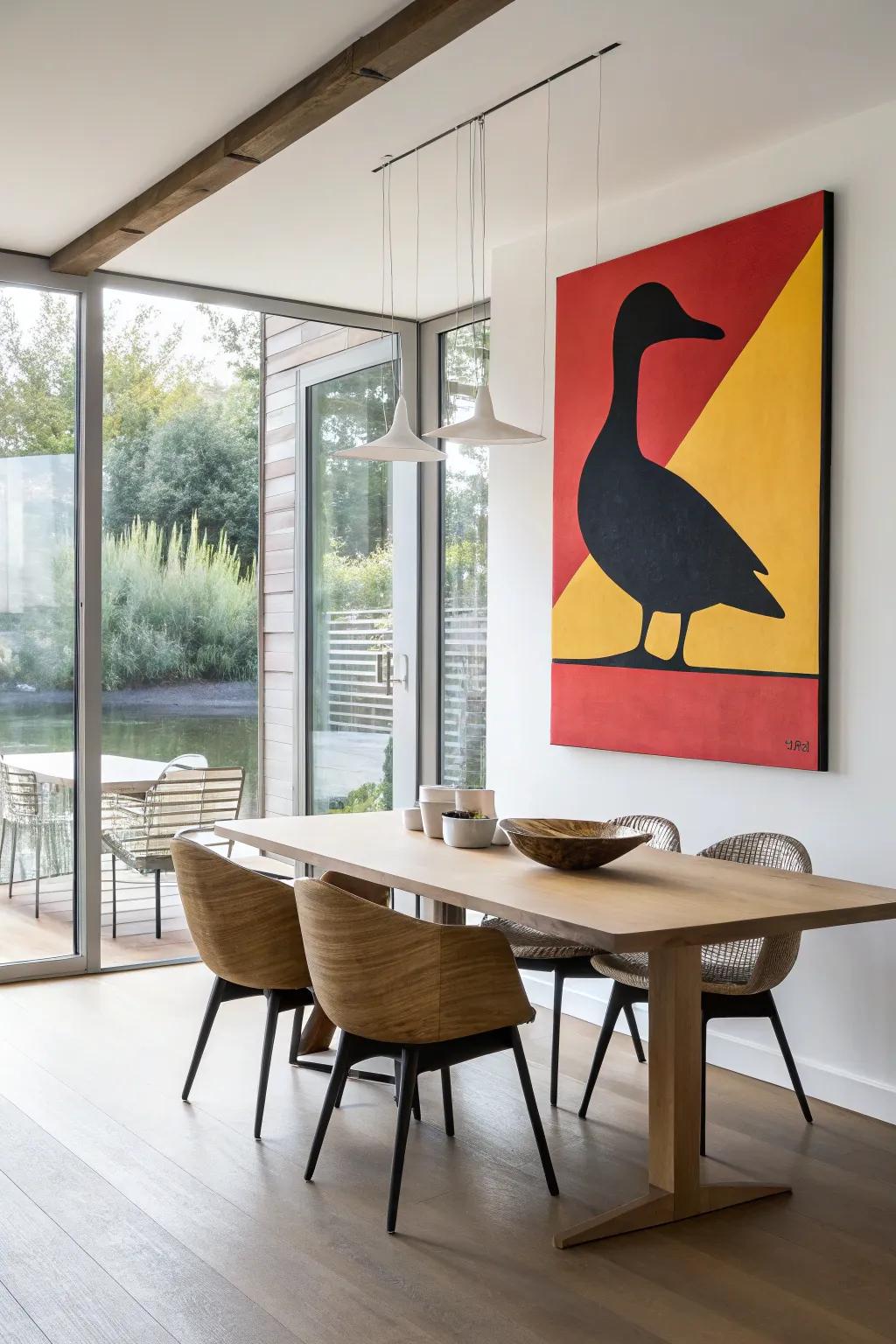A simple duck form art piece offers a modern, understated accent.