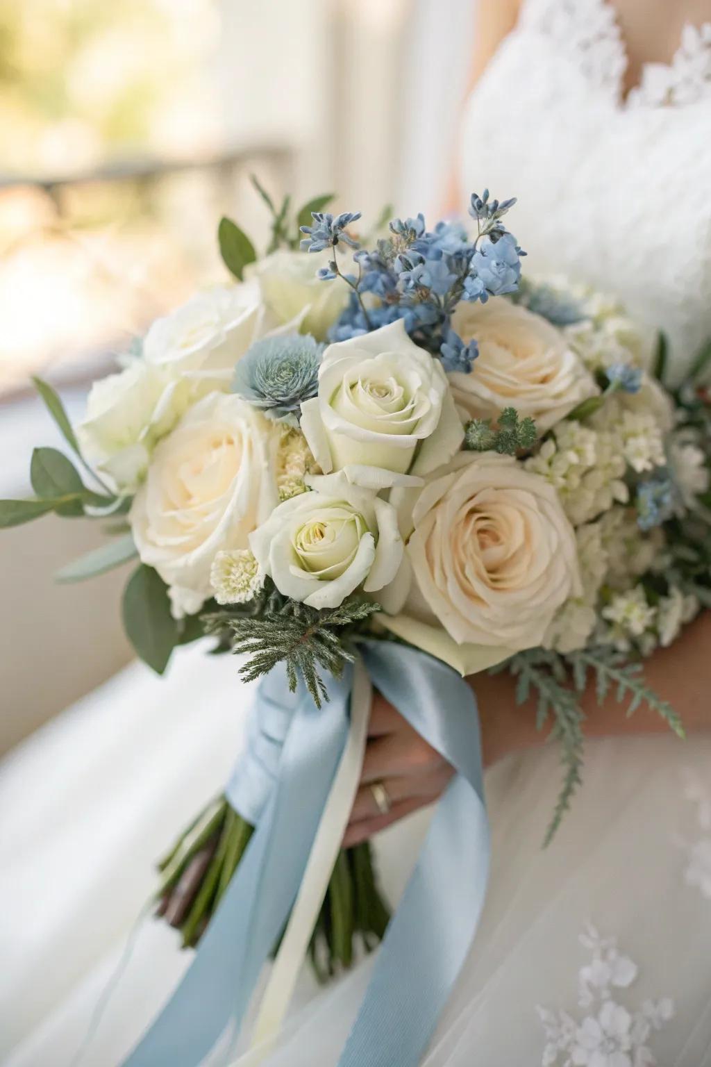 A captivating bouquet featuring the perfect blend of white and dusty blue blooms.